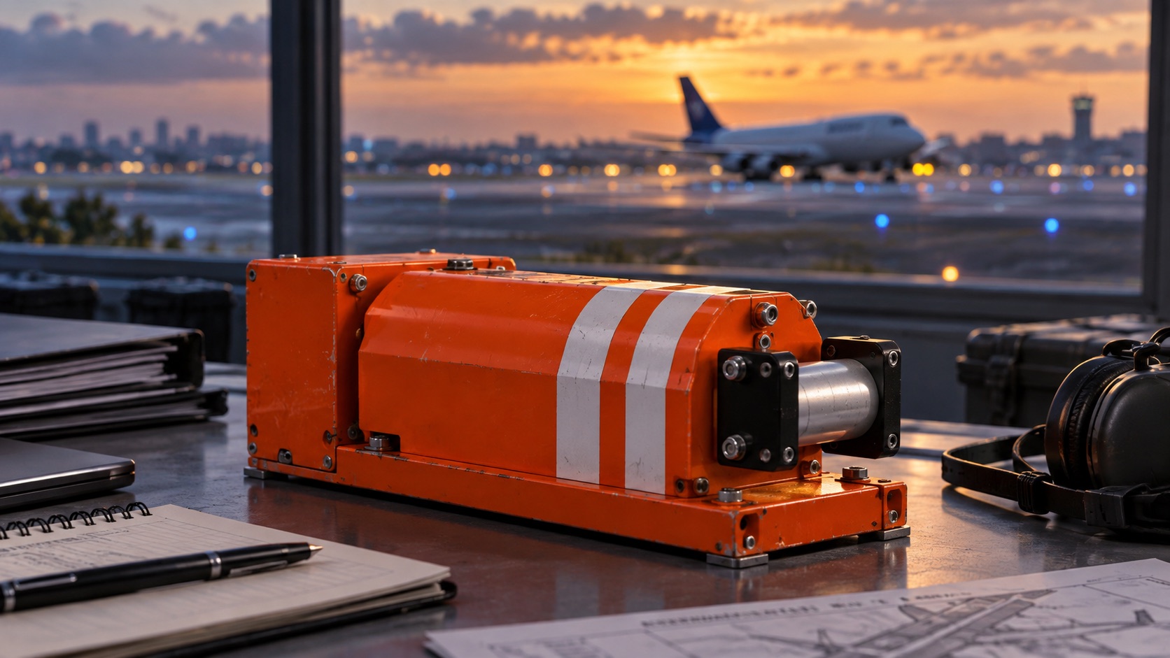 Conceptual illustration of a flight recorder on a worktable, with a cargo aircraft and runway out of focus beyond