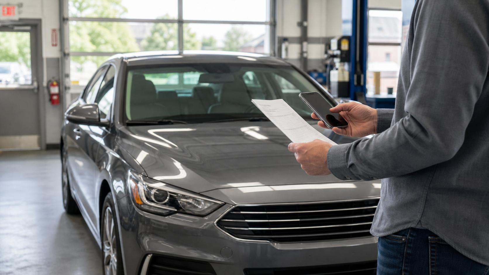Vehicle owner reviewing a recall notice beside a car at a service center